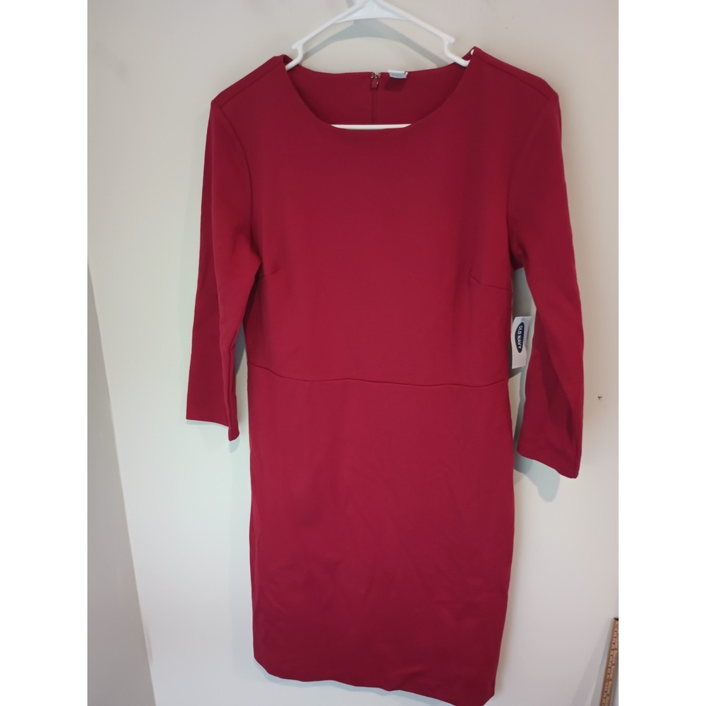 NWT Old Navy Women's Medium Red Sheath Dress 3/4 Sleeve Back Zip Knit Work...